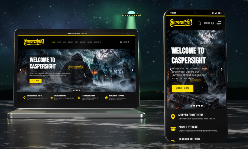 Caspersight website shown on a laptop and a mobile phone: paranormal streetwear shop homepage designed and built by JStudios