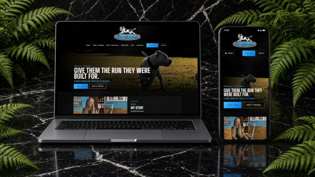 Run Dog Gym website shown on a laptop and a mobile phone: indoor dog running gym in Newquay, website by JStudios